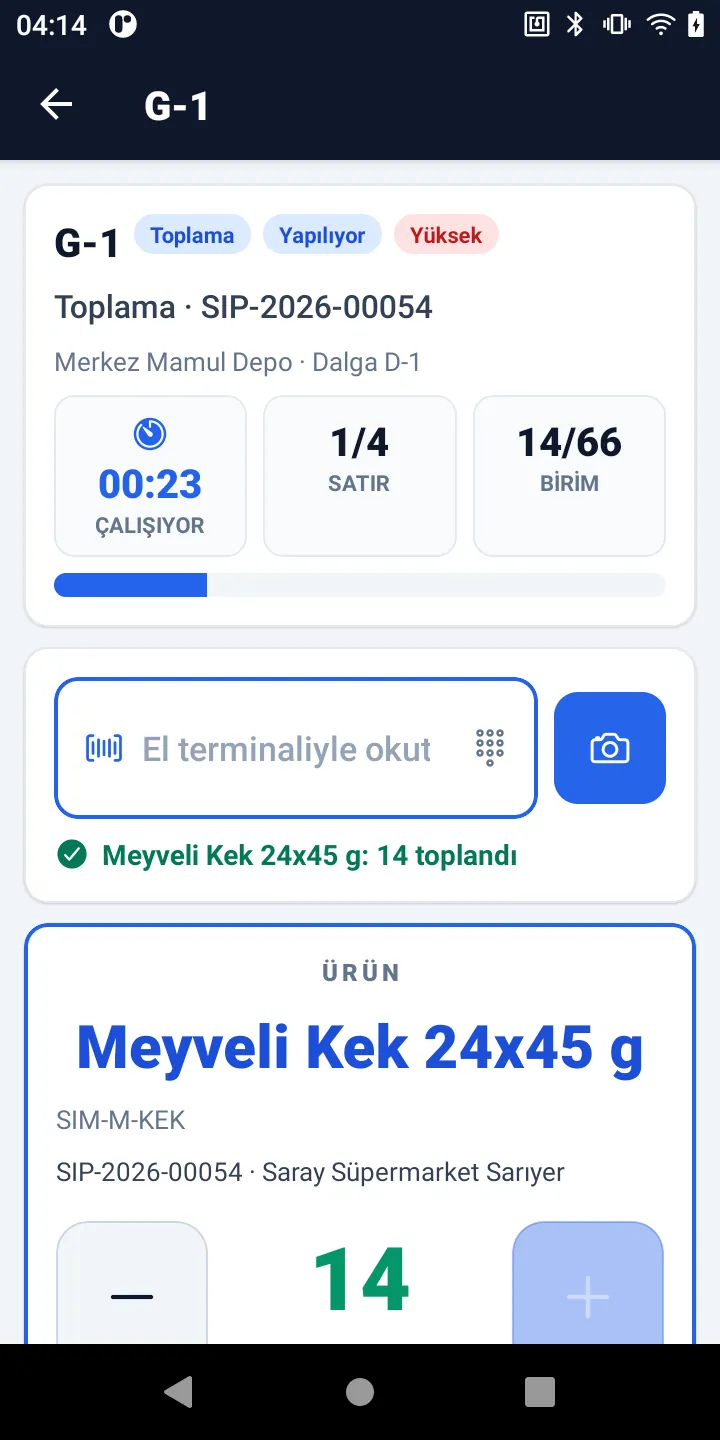 El terminalinde barkodla toplama görevi: satır, birim ve süre sayacı